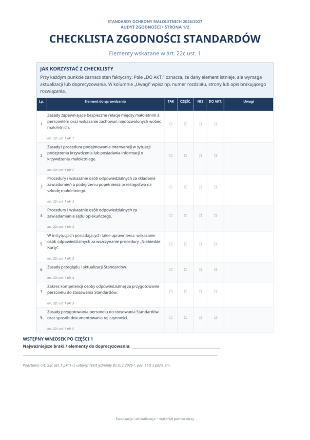 Standardy Ochrony Małoletnich 2026-2027 – Ewaluacja i aktualizacja