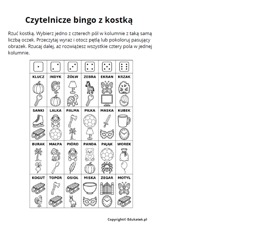 Czytelnicze bingo z kostką