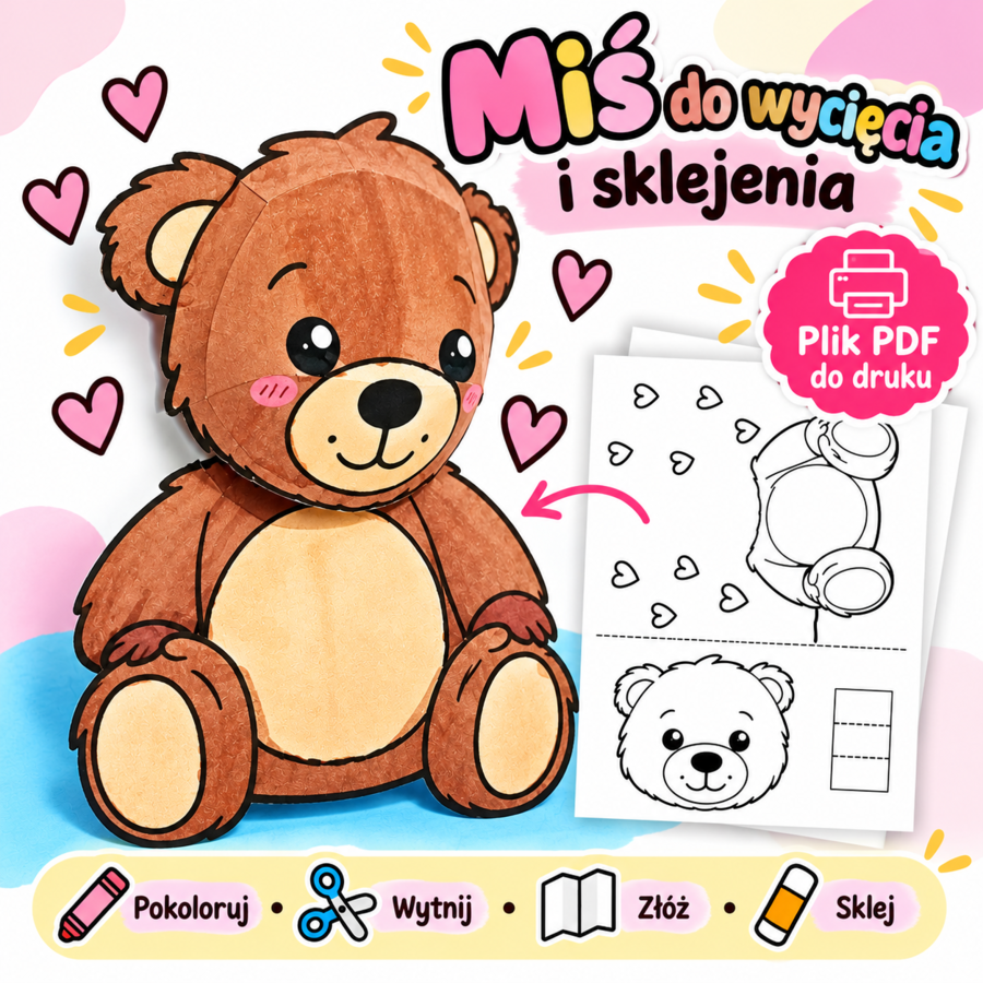Miś 3D do wycięcia i sklejenia – wycinanka PDF, praca plastyczna dla dzieci Dzień Misia