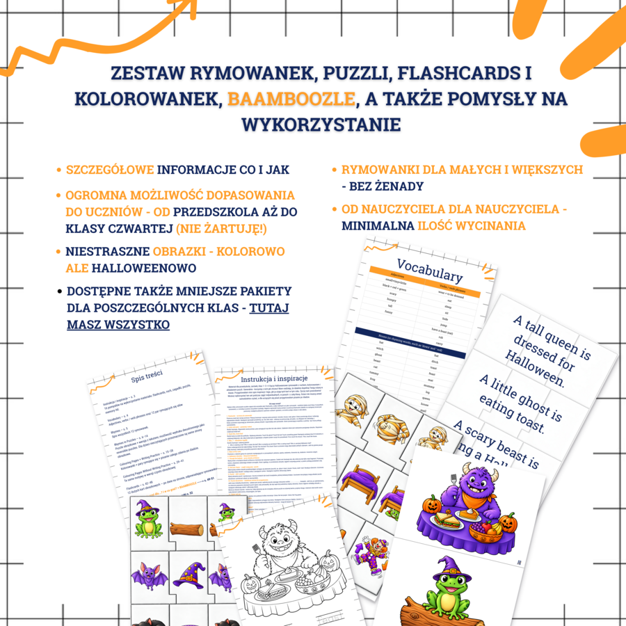 HALLOWEEN RHYMES - kompletny zestaw od przedszkola aż do klas 4 - kolorowanki, pisanie po śladzie, puzzle