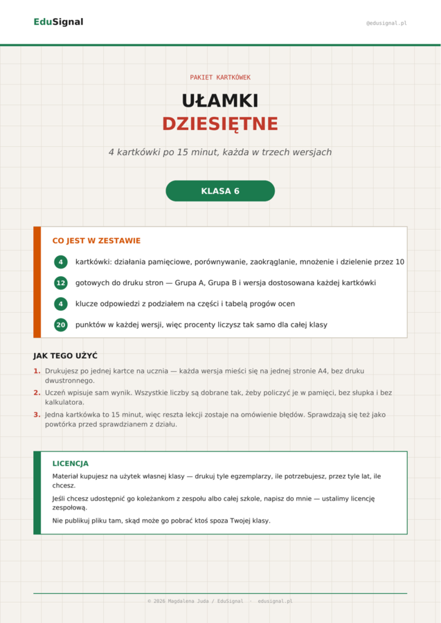 Ułamki dziesiętne — pakiet 4 kartkówek, klasa 6 (2 grupy + wersja dostosowana + klucze)