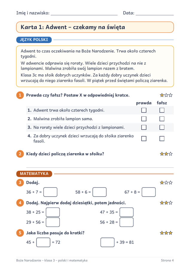 Boże Narodzenie klasa 3: karty pracy z polskiego i matematyki