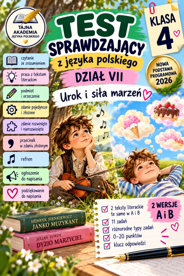 Test sprawdzający – Dział VII „Urok i siła marzeń” | Klasa 4 | Nowa podstawa 2026
