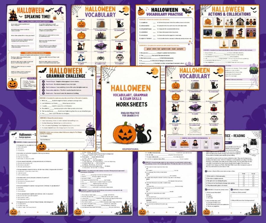 Halloweenowy Zestaw Zadań i Powtórka do Egzaminu Ósmoklasisty (Słownictwo, Gramatyka, Funkcje Językowe + KLUCZ)