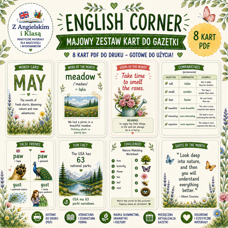 English Corner – MAJ | Zestaw wymiennych kart do gazetki szkolnej | Dekoracja pracowni języka angielskiego PDF