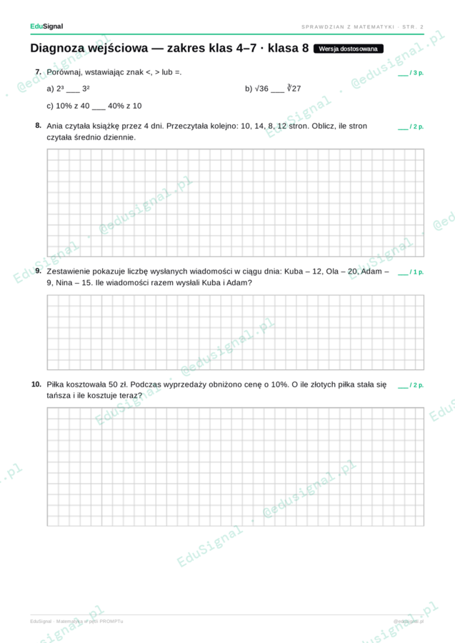 Diagnoza wejściowa z matematyki — klasa 8, zakres klas 4–7 (3 wersje + klucz diagnostyczny)