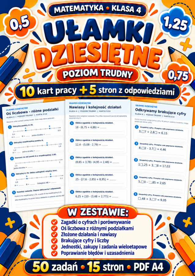 UŁAMKI DZIESIĘTNE-TRUDNE-klasa 4
