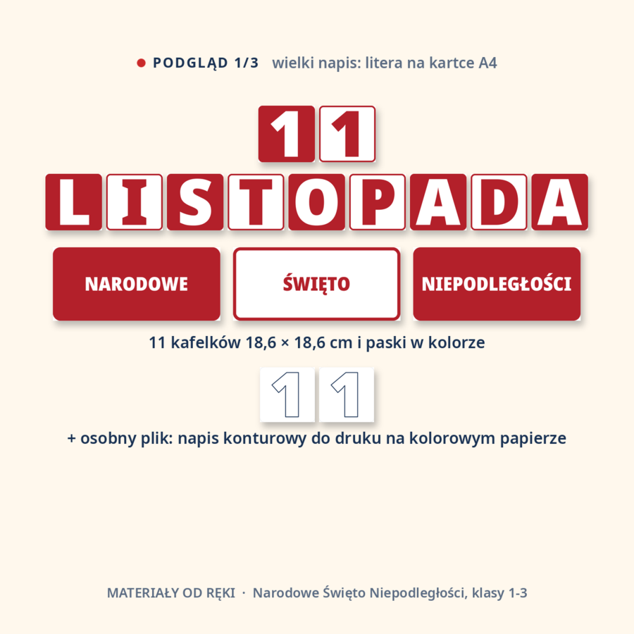Gazetka na Narodowe Święto Niepodległości 11 listopada: napis, 8 plansz o symbolach Polski, hasła i dekoracje, klasy 1-3