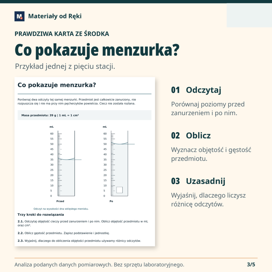 Gęstość pod lupą - 5 stacji zadaniowych, karta zespołu i sprawdzian A/B | Fizyka, klasa 7