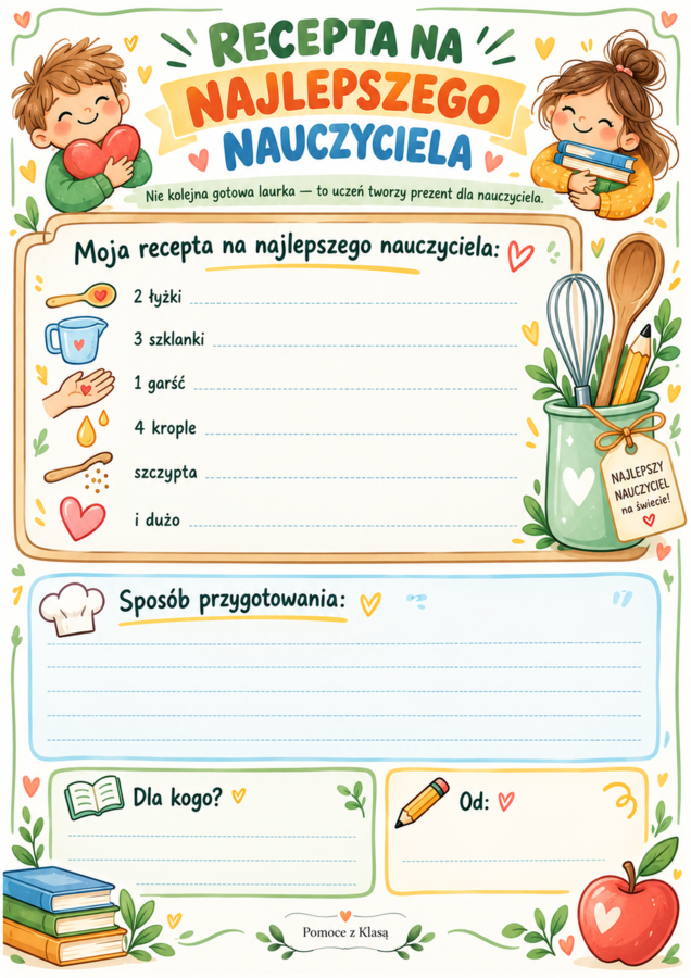 10 kart aktywności - „Recepta na wspaniałego nauczyciela” na Dzień Nauczyciela