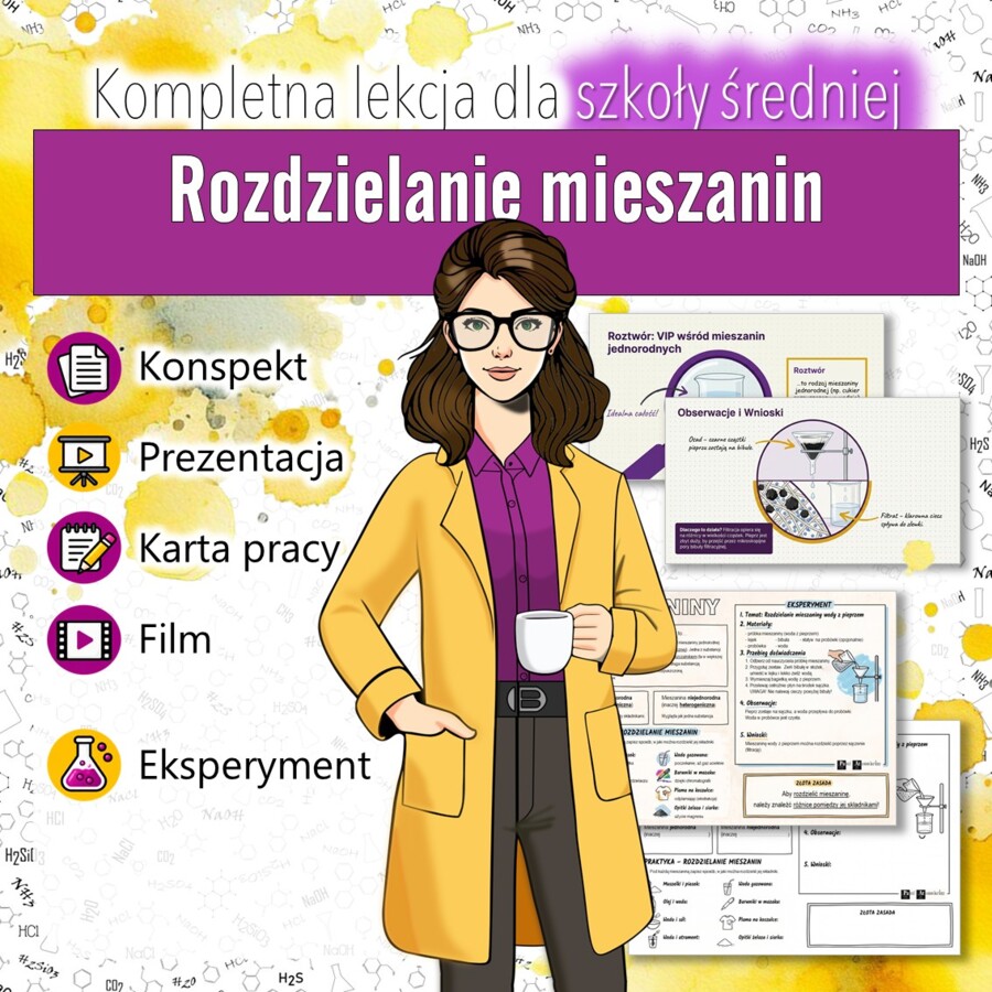 Rozdzielanie mieszanin - Lekcja chemii dla szkoły średniej | Konspekt, prezentacja, karta pracy i film