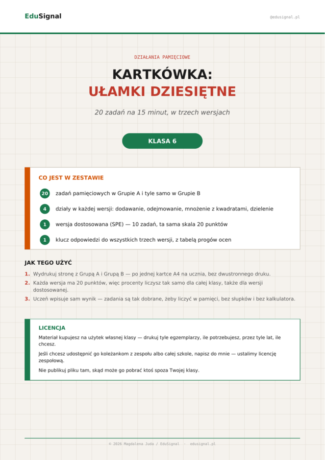 Ułamki dziesiętne — kartkówka z działań pamięciowych, klasa 6 (2 grupy + wersja dostosowana + klucz)