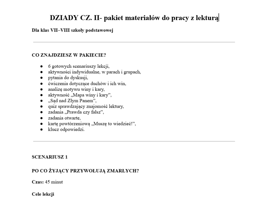 Dziady cz. II- pakiet materiałów do pracy z lekturą