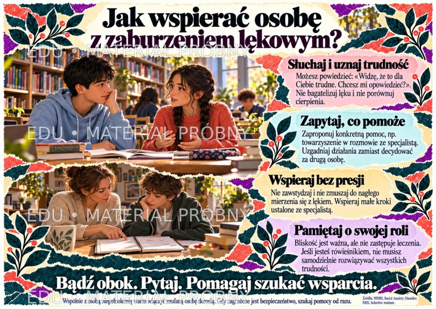 ZABURZENIA LĘKOWE — KIEDY LĘK UTRUDNIA ŻYCIE Gazetka edukacyjna | 20 plansz A4 w układzie poziomym