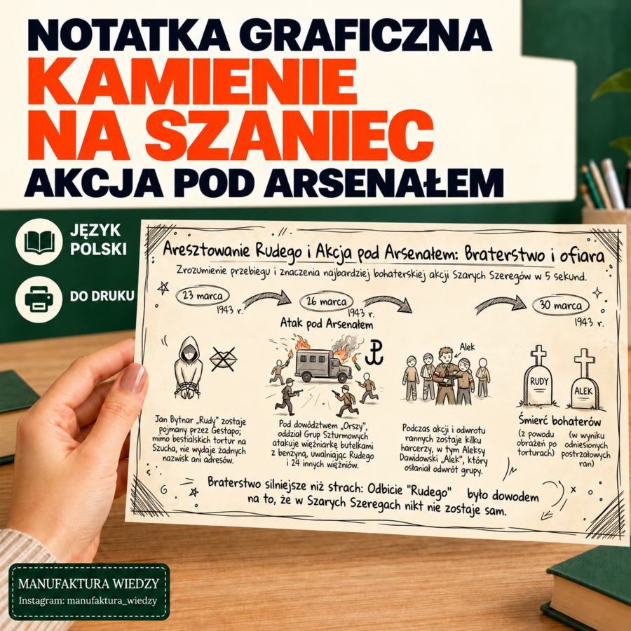 Akcja pod Arsenałem – darmowa notatka | Kamienie na szaniec, język polski, powtórka, egzamin ósmoklasisty, klasa 7–8