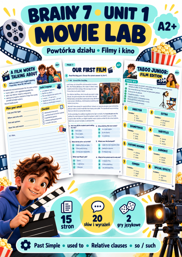 Brainy 7 Unit 1 – Movie Lab | Powtórka A2+ | Karty pracy, gramatyka i 2 gry