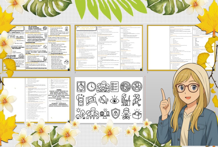 Sketchnotka/notatka dla ucznia i osobna notatka jako przypomnienie dla nauczyciela w pdf. Temat " Jak zaplanować domowe zasady ekranowe?". Edukacja zdrowotna. Klasa 4.