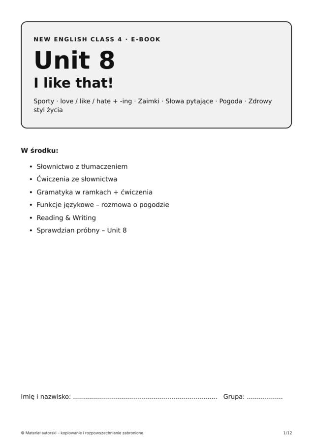 New English Class 4 – Unit 8 I like that! | klasa 4 | e-book 12 stron + klucz