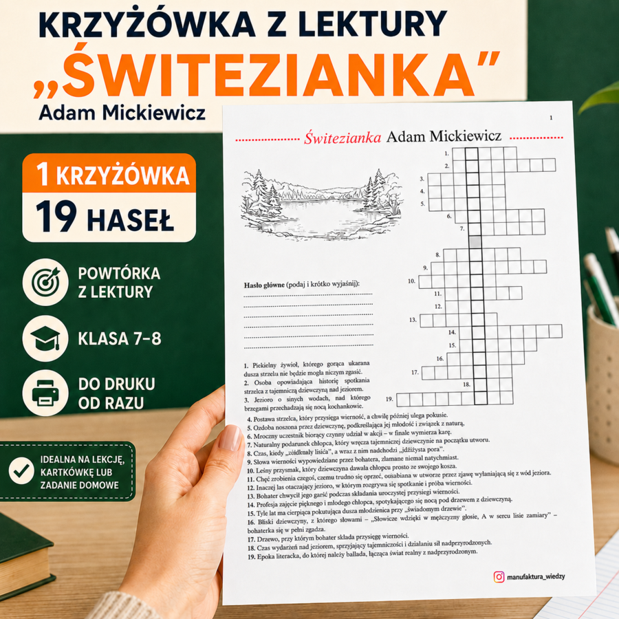 Krzyżówka z lektury „Świtezianka” – karta pracy dla klas 7–8 | powtórka, egzamin ósmoklasisty, powtórzenie