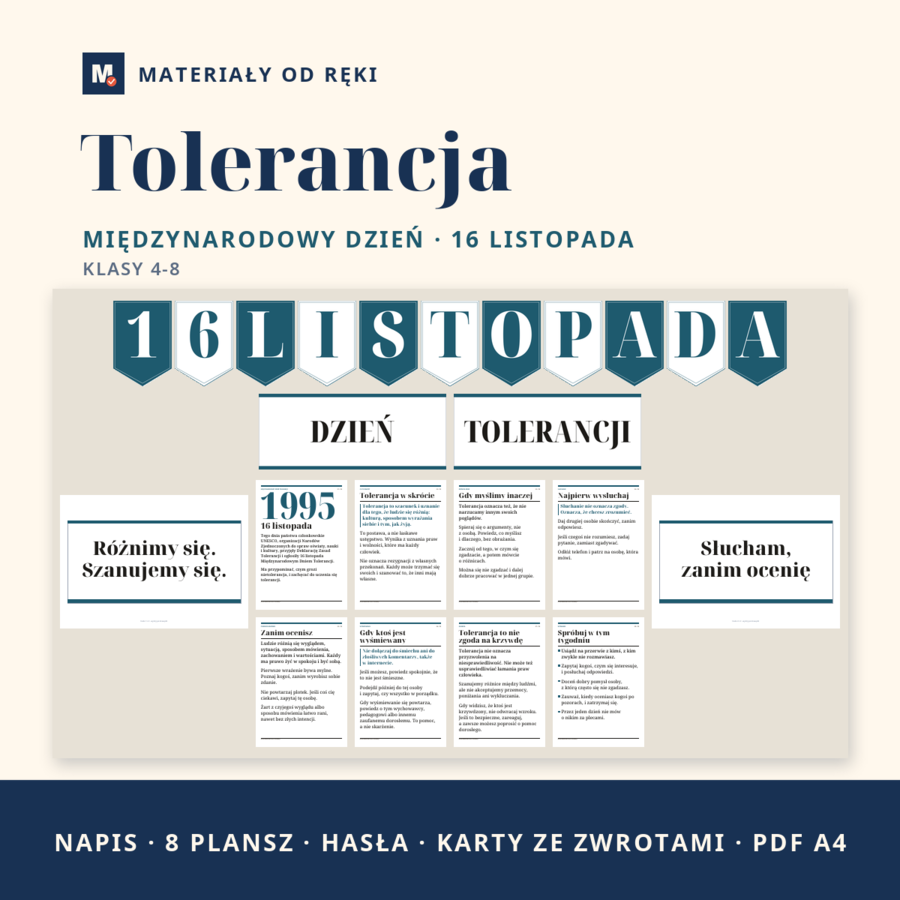 Gazetka na Międzynarodowy Dzień Tolerancji 16 listopada: napis, 8 plansz o tolerancji w szkole, hasła i karty ze zwrotami, klasy 4-8