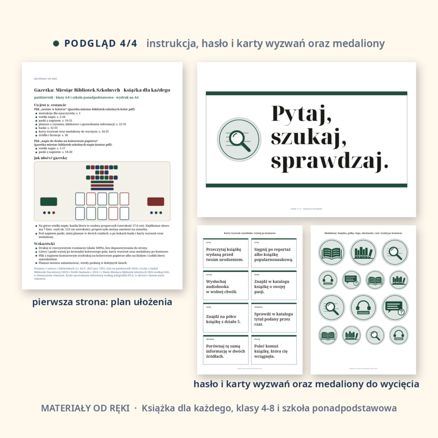 Gazetka Miesiąc Bibliotek Szkolnych - Książka dla każdego: napis, 10 plansz o czytaniu, bibliotece i sprawdzaniu informacji, hasła i karty, klasy 4-8 i szkoła ponadpodstawowa