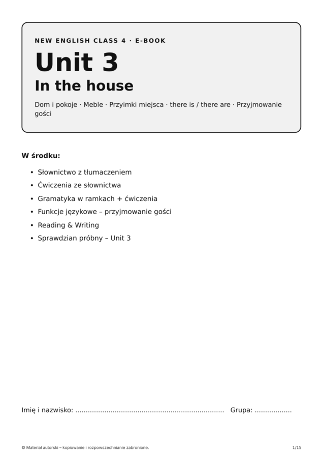 New English Class 4 – Unit 3 In the house | klasa 4 | e-book 15 stron + klucz