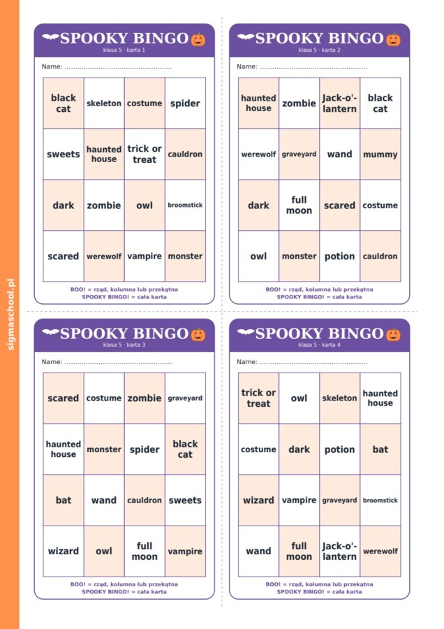 Halloween – Spooky Bingo – język angielski, klasa 5