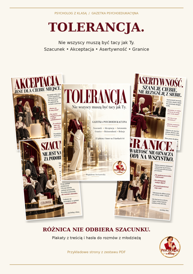 TOLERANCJA. NIE WSZYSCY MUSZĄ BYĆ TACY JAK TY. plakaty, gazetka
