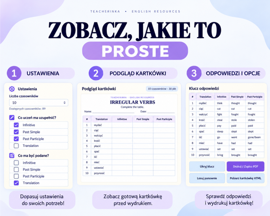 Irregular Verbs - Czasowniki nieregularne - Kartkówki - Generator - poziom do E8