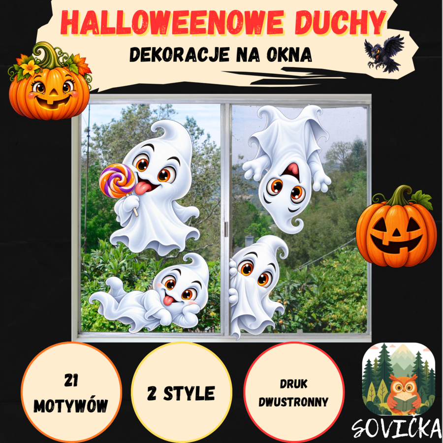 👻 HALLOWEENOWE DUCHY NA OKNA – 21 MOTYWÓW W 2 STYLACH