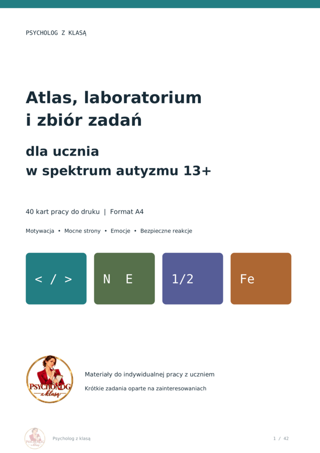 Atlas, laboratorium i zbiór zadań- karty pracy dla ucznia w spektrum autyzmu 13+