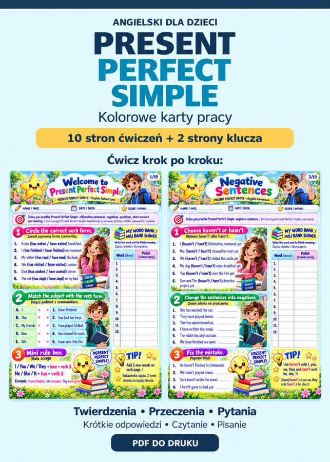 Present Perfect Simple - 10-stronicowy workbook dla uczniów szkoły podstawowej