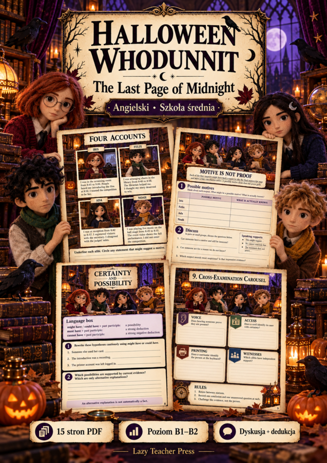 Halloween Whodunnit – The Last Page of Midnight | Szkoła średnia B1–B2 | Gra detektywistyczna PDF