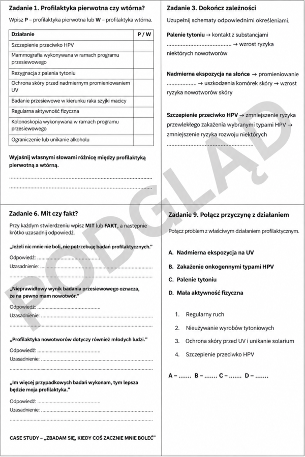Profilaktyka onkologiczna – karta pracy + klucz odpowiedzi | Edukacja zdrowotna