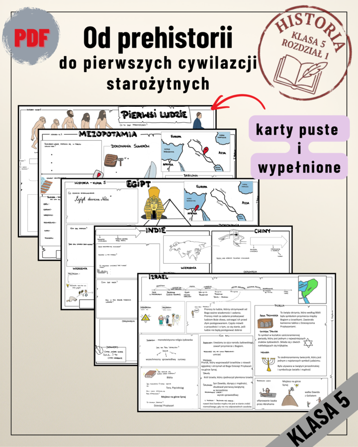 Historia 5: Od prehistorii do pierwszych cywilizacji starożytnych (5 kart pracy + odpowiedzi)