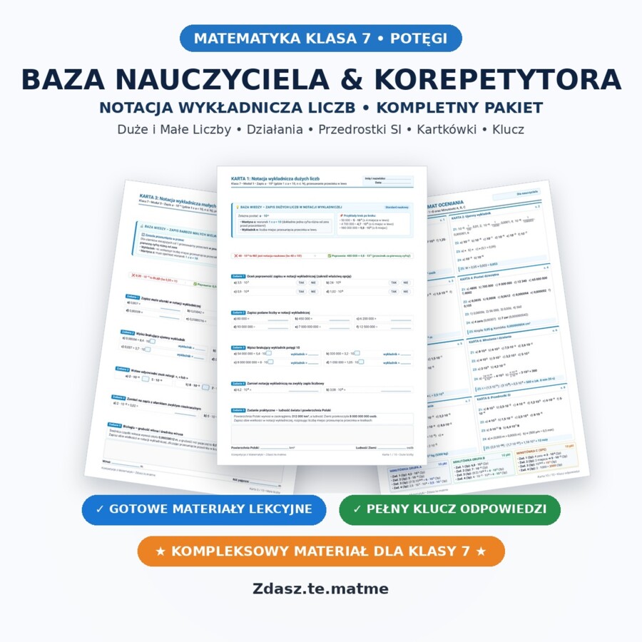 Notacja Wykładnicza Klasa 7 – Kompletny Pakiet Edukacyjny: Duże i Małe Liczby (8 Kart Pracy + Minutówka Grupa A, B i C SPE + Pełny Klucz)