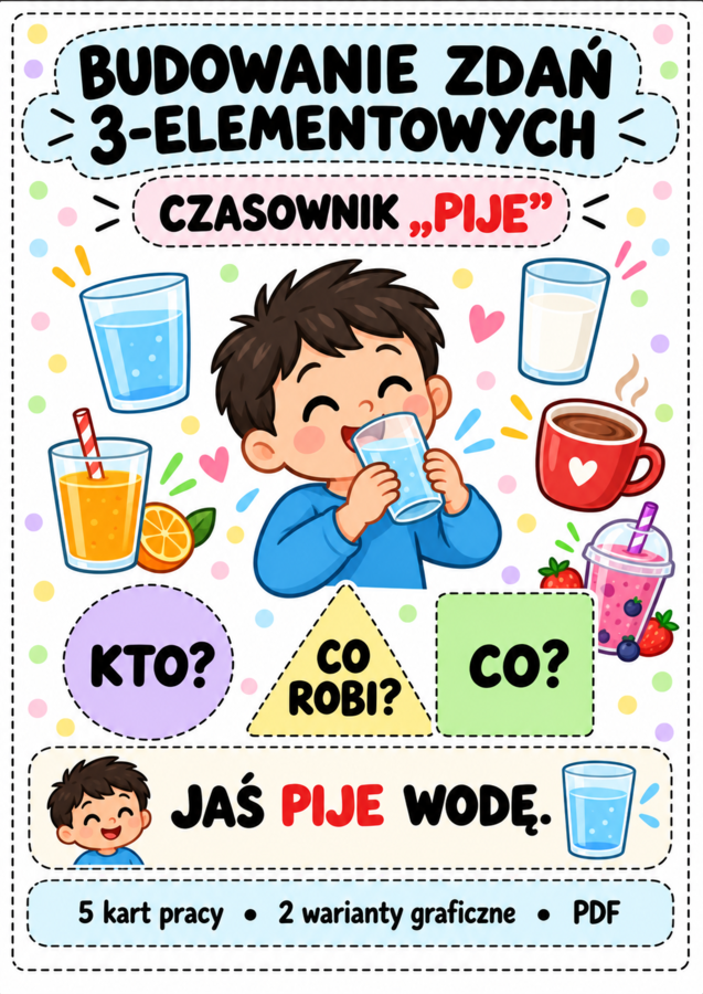 Budowanie zdań 3-elementowych – czasownik „PIJE” | Terapia logopedyczna