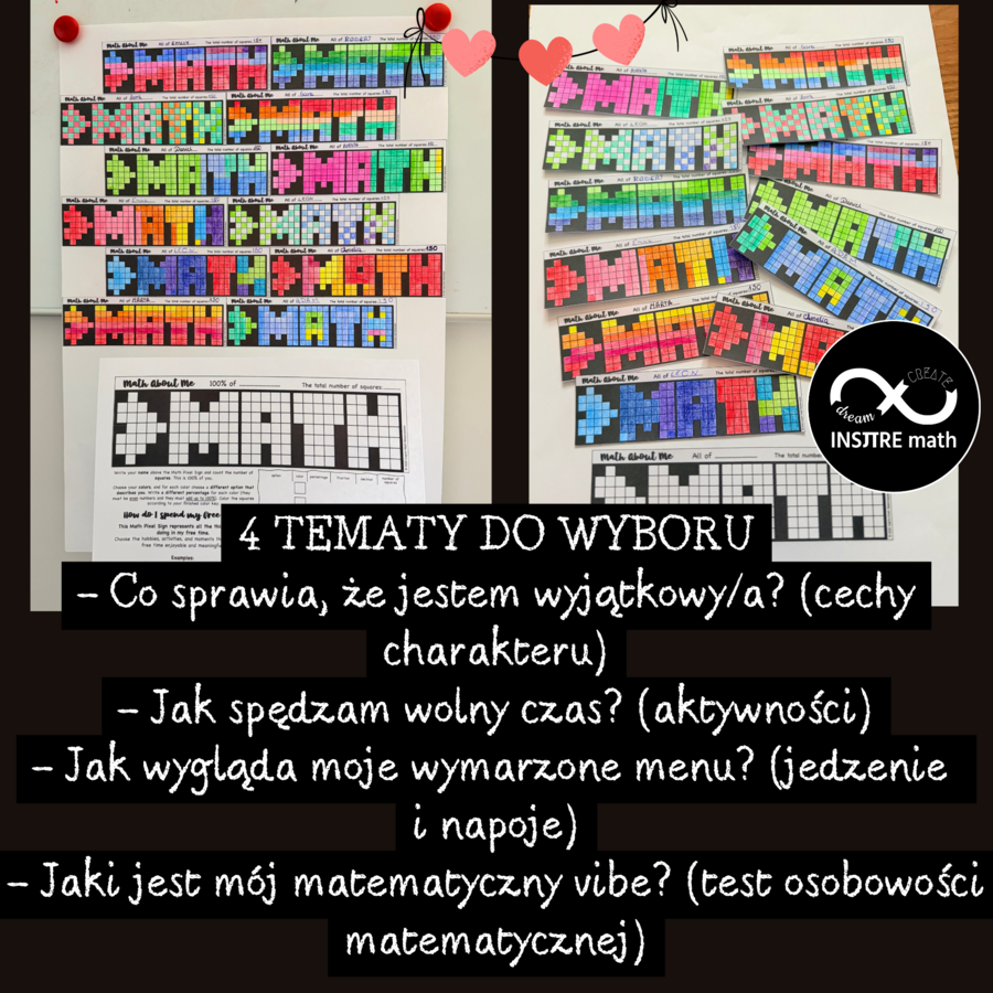 Poznajmy się, matematyka o mnie. Projekt grupowy lub indywidualny na początek roku. Różne opcje: dodawanie do 150, ułamki zwykłe, ułamki dziesiętne, procenty.