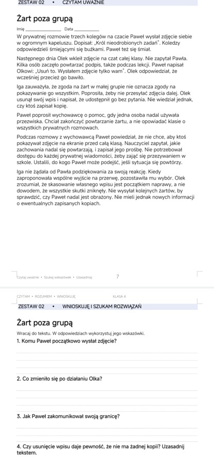 "Czytam • Rozumiem • Wnioskuję” dla klasy 4.