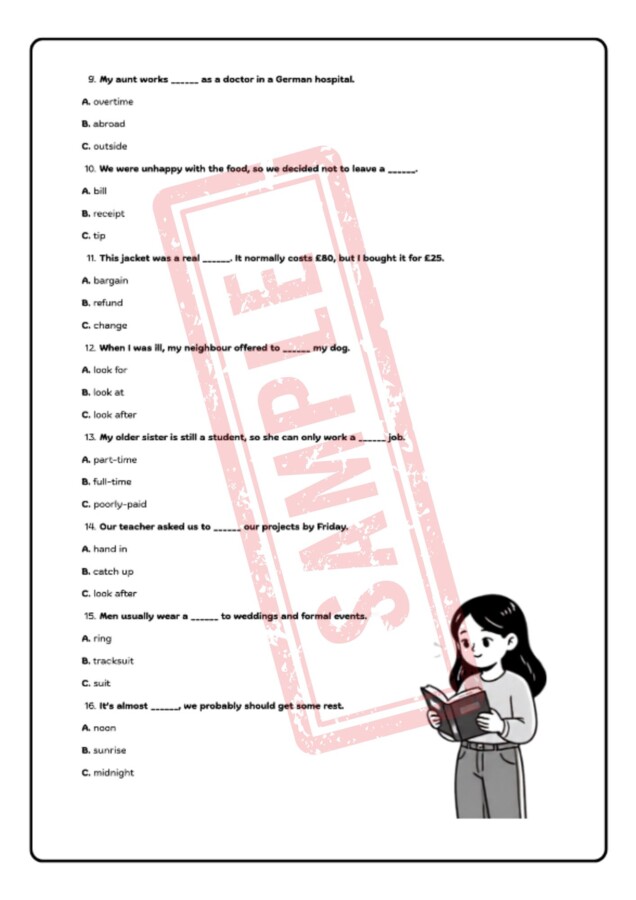 E8 Vocabulary Practice – Zestaw 12 zadań do egzaminu 8-klasisty z języka angielskiego (słownictwo, tłumaczenia, kolokacje, słowotwórstwo i reakcje językowe) | Klasy 7–8 | A2–B1 + Answer Key