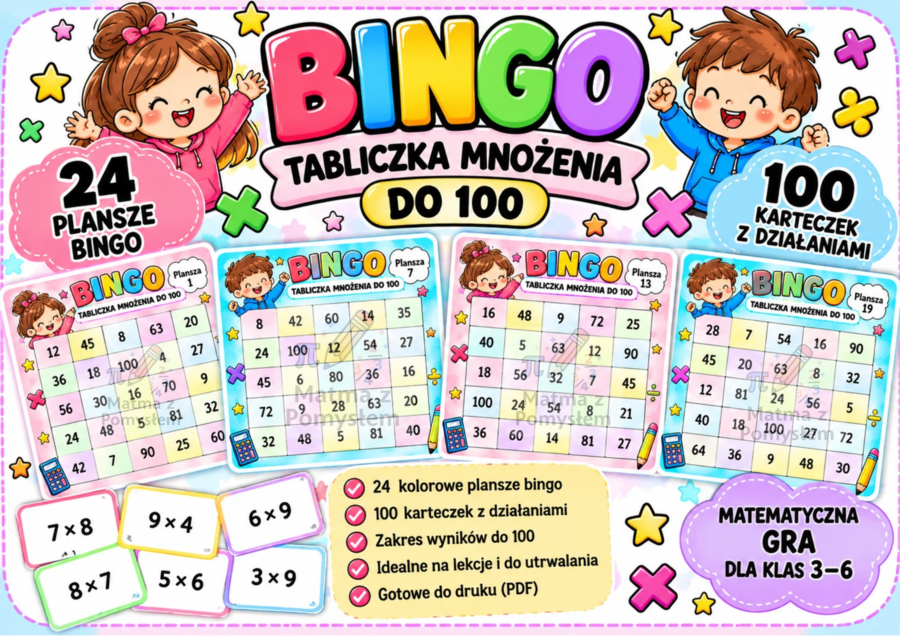 Bingo matematyczne – tabliczka mnożenia do 100 | 24 plansze + 100 kart do losowania PDF