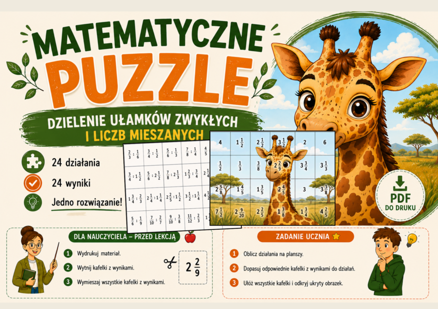 🧩 Pakiet 9 puzzli matematycznych – ułamki zwykłe, liczby mieszane, skracanie, dodawanie, odejmowanie, mnożenie i dzielenie | klasy 4–6
