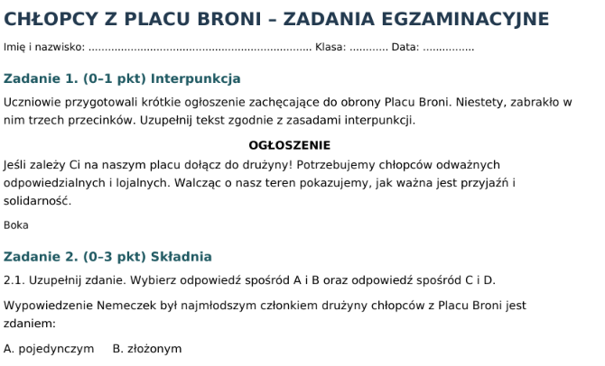 Pakiet materiałów do lektury "Chłopcy z Placu Broni"
