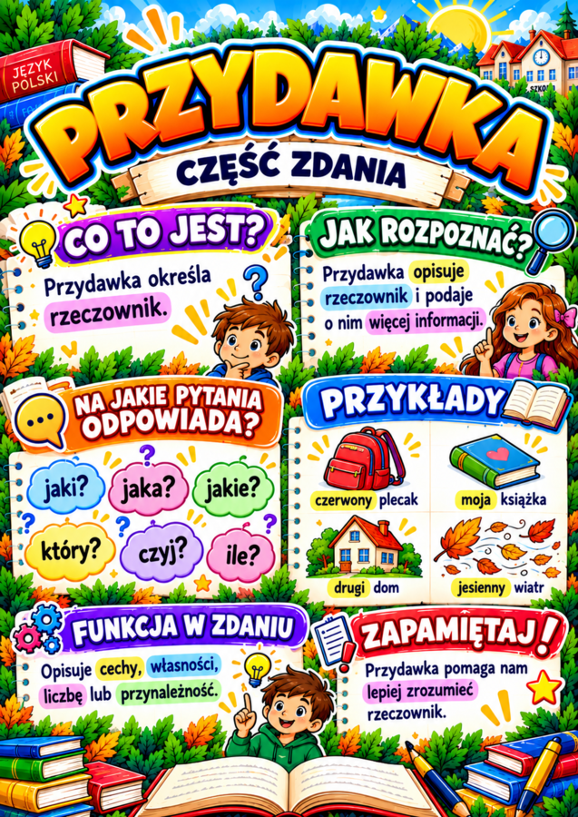 CZĘŚCI ZDANIA – 10 kolorowych plansz edukacyjnych A4 | podmiot, orzeczenie, dopełnienie, przydawka, okolicznik