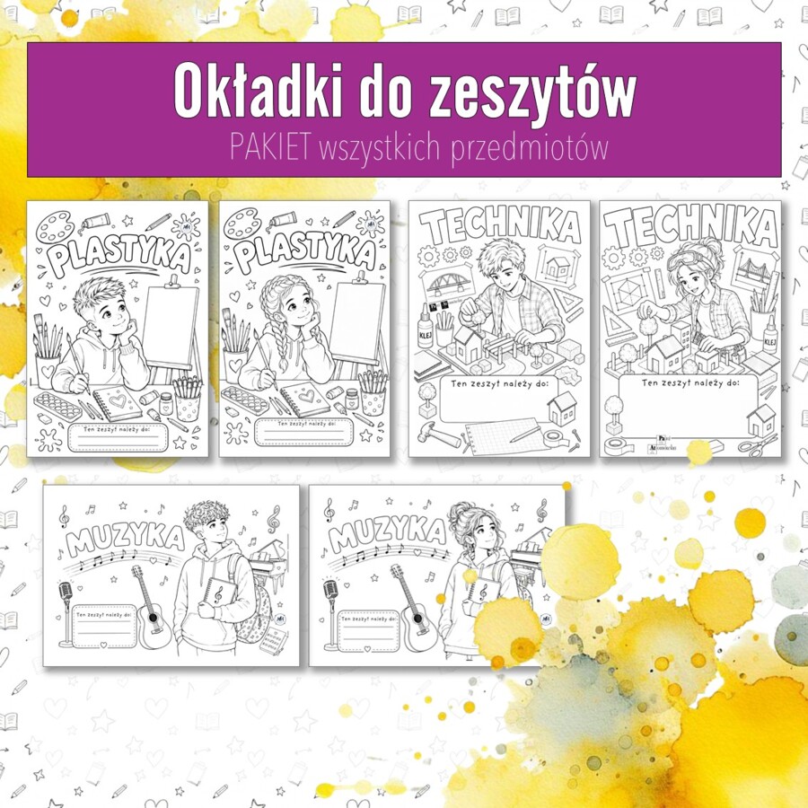 PAKIET okładki do zeszytów. Wklejki na pierwszą stronę z wszystkich przedmiotów.