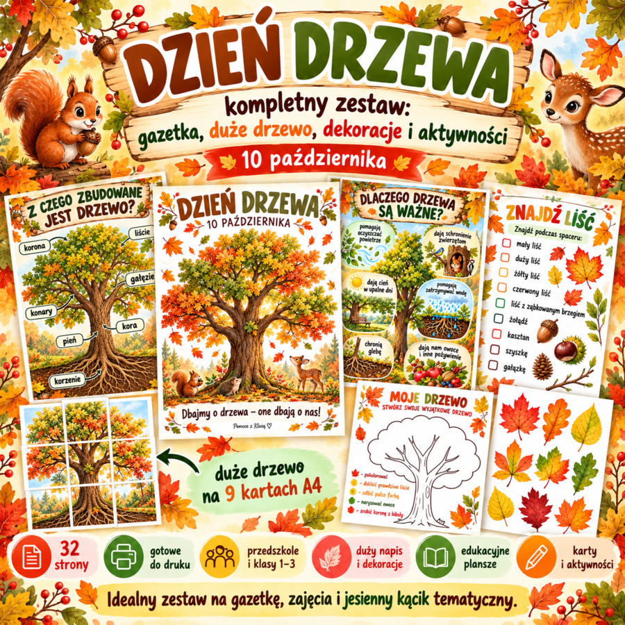Dzień Drzewa – kompletny zestaw gazetka, duże drzewo, dekoracje i aktywności