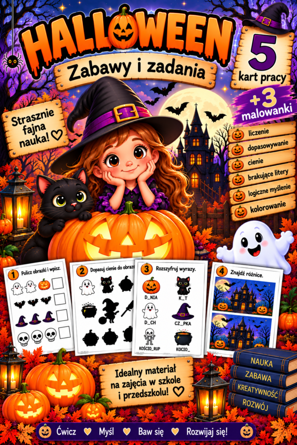 🎃 Halloween – zabawy i zadania | 5 kart pracy + 3 kolorowanki