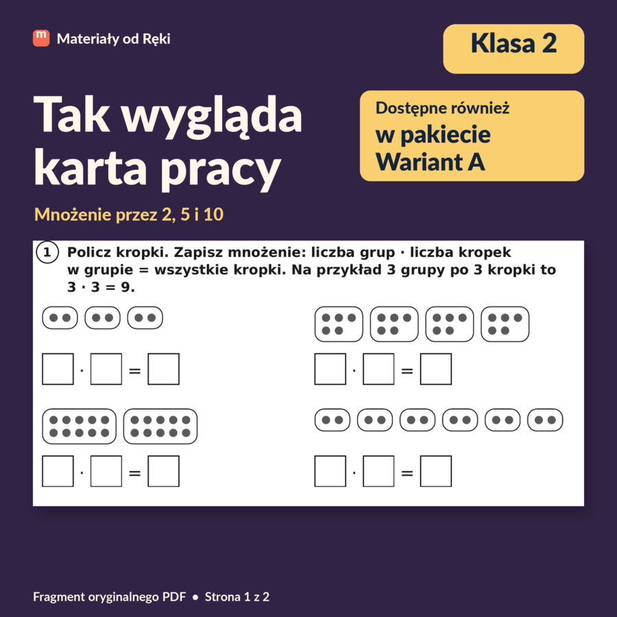 Mnożenie przez 2, 5 i 10 - karta pracy z kluczem | Matematyka, klasa 2 | Wariant A