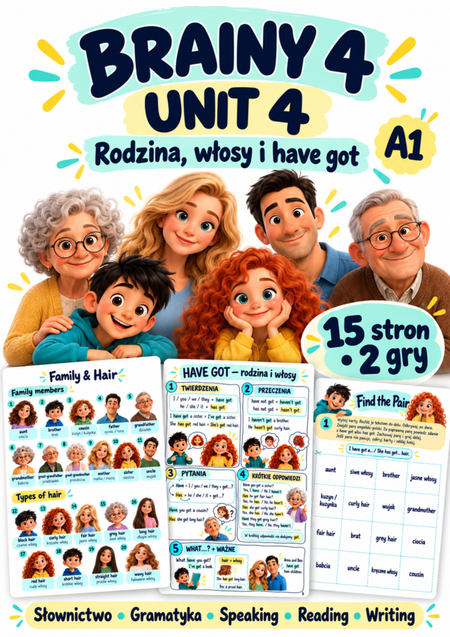 Brainy 4 Unit 4 — rodzina, włosy i have got | 15 stron, sketchnotka i 2 gry