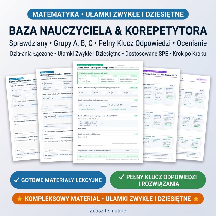 Działania Łączone na Ułamkach Klasa 6 – Sprawdzian: Zwykłe i Dziesiętne (Grupa A, B i C SPE + Pełny Klucz)